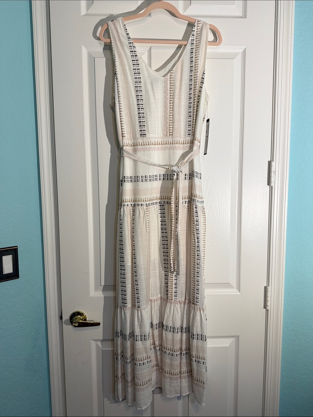 Tribal Cream and Black Crochet Maxi Dress with Waist Tie